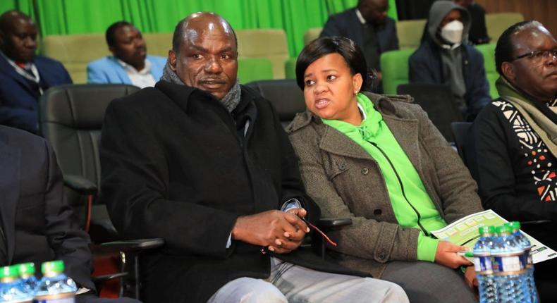 NAIROBI, KENYA - 2022/08/04: Independent Electoral and Boundaries Commission (IEBC), Chairman Wafula Chebukati (L), and his vice chairperson Juliana Cherera (R) seen during the 2022 general elections observer briefing at the Bomas of Kenya ahead of the August 9, 2022 general elections. (Photo by John Ochieng/SOPA Images/LightRocket via Getty Images)