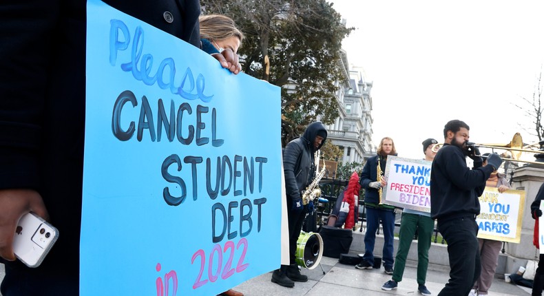 Student-loan borrowers and the Too Much Talent Band at a gathering outside the White House on January 13.Paul Morigi/Getty Images for We, The 45 Million