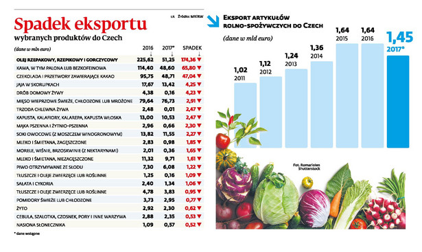 Spadek eksportu wybranych produktów do Czech