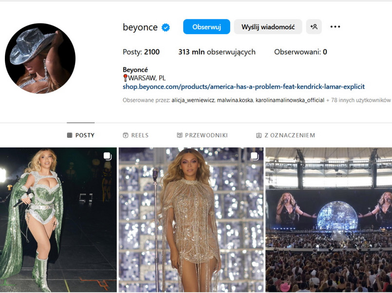 Widok profilu Beyonce na Instagramie