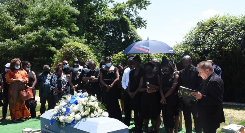 Rev. Fr. Robert Grippo, Parish Priest of Our Lady of Fatima and Annunciation, Westchester praying over the remains of a retired diplomat, Amb. Eloho Otobo, at Gate of Heaven, Cemetery in New York, U.S. on Friday, July 22, 2022