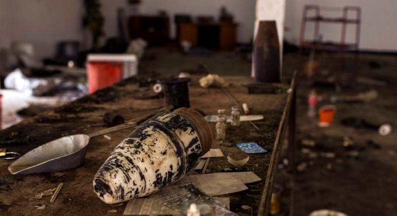 Materials used by Islamic State group members to make explosives, at the Saint George Church in Qaraqosh, 30 km east of Mosul