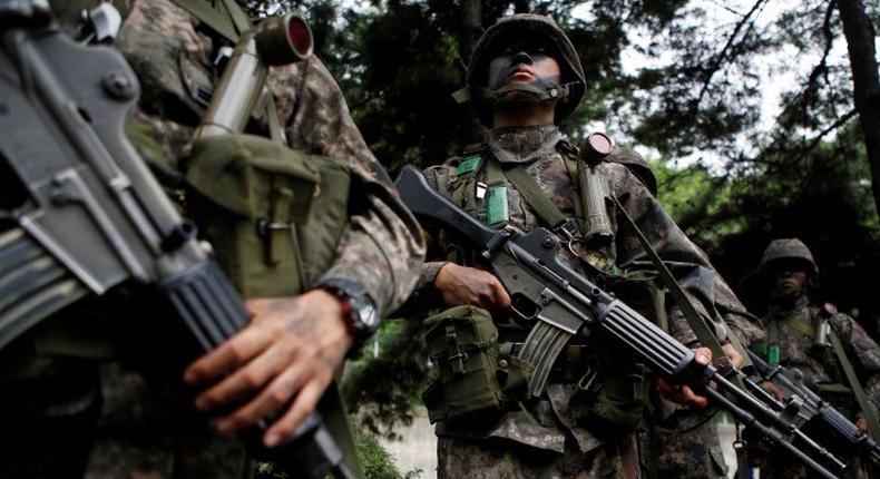 South Korean soldiers take part in an anti-terror drill in Seoul.