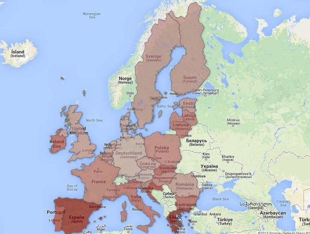 Mapa bezrobocia w Unii Europejskiej - wrzesień 2013