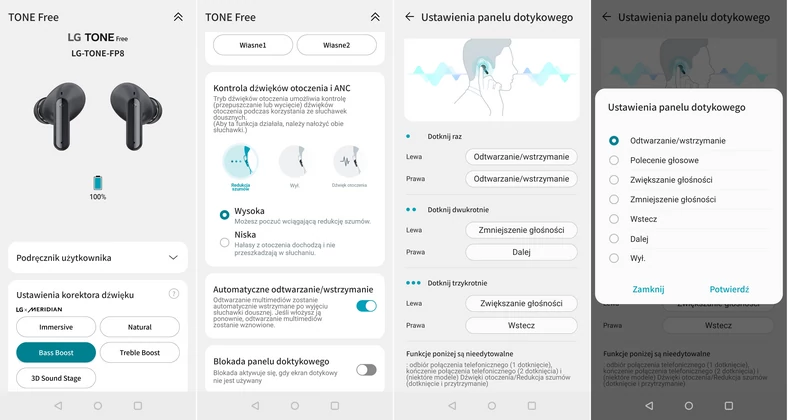 Podstawowe ekrany sterowania pracą słuchawek w aplikacji LG Tone Free (kliknij., aby powiększyć)