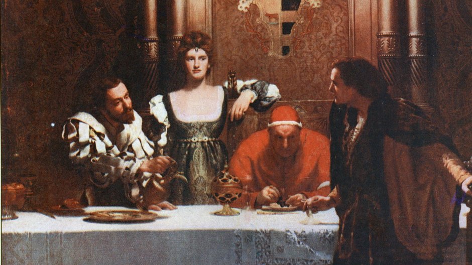 John Collier - Puchar wina z Cezarem Borgią, (domena publiczna)