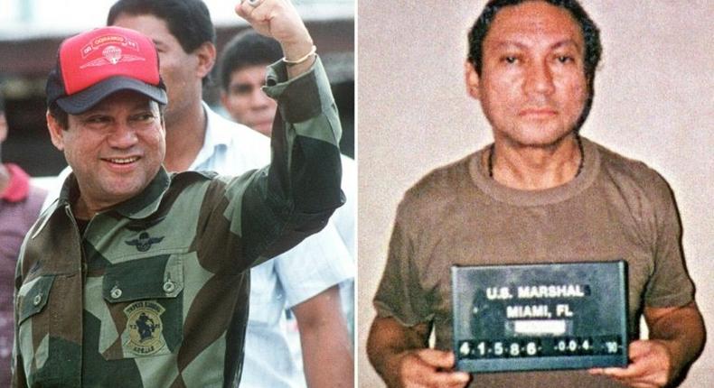 Panamanian General Manuel Noriega (L) at the height of his power in October 1989, and (R) as a prisoner after US troops ousted him from office in January 1990