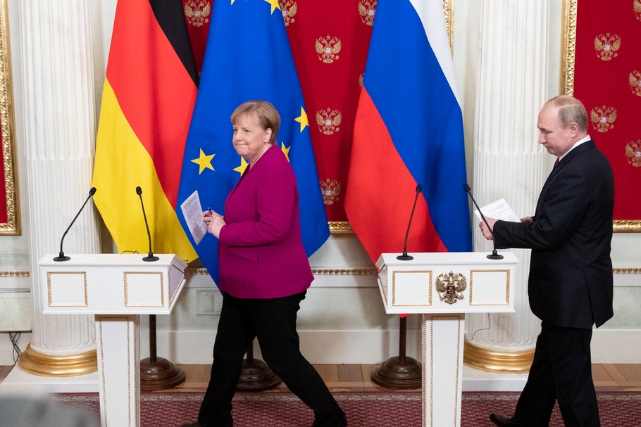 Angela Merkel i Władimir Putin przed konferencją prasową, Moskwa, 11 stycznia 2020