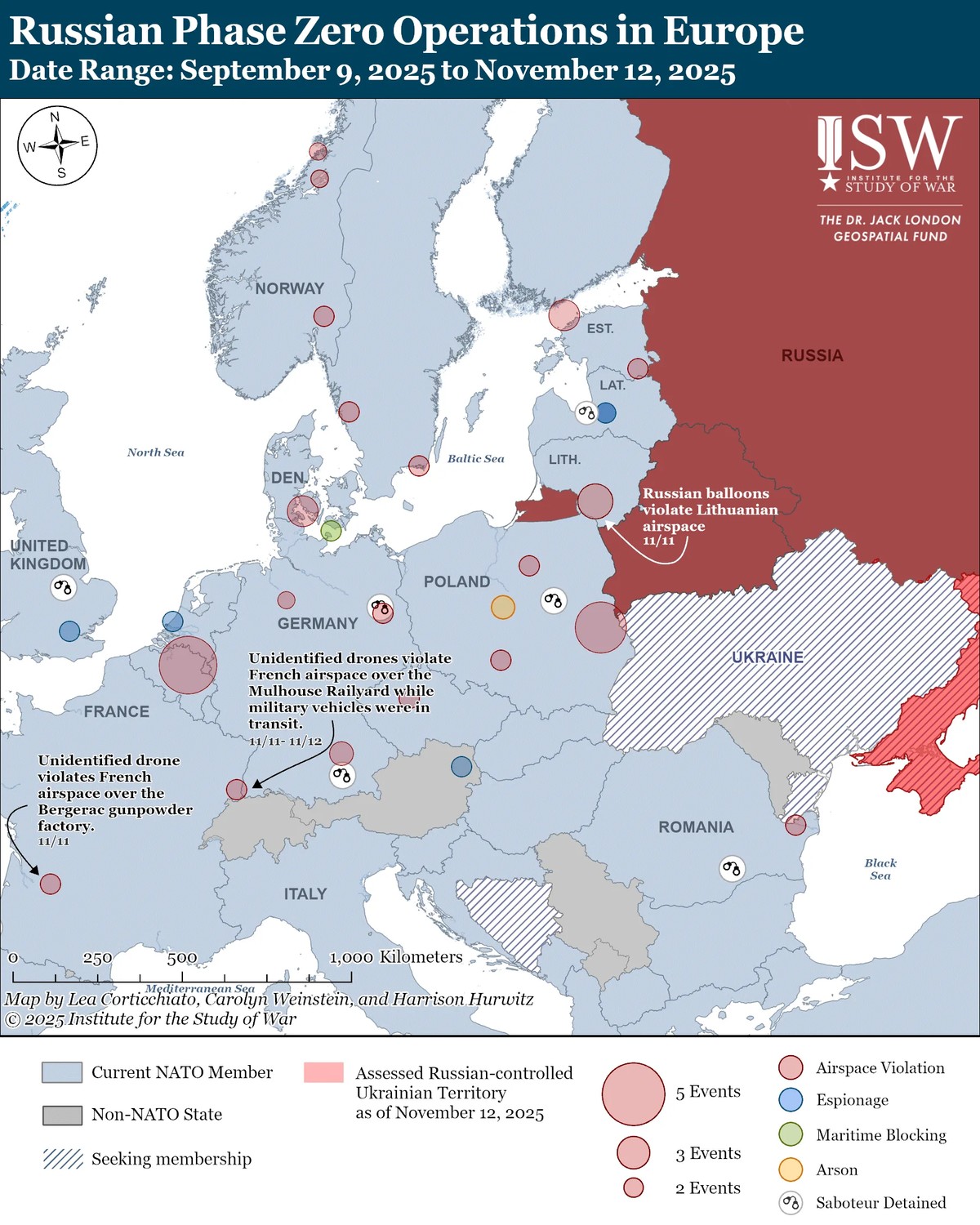 Incydenty fazy zero na mapie ISW z 12 listopada.