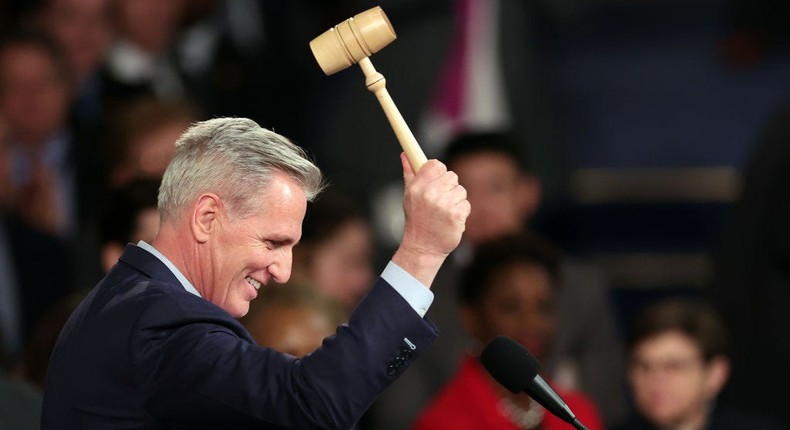 Speaker of the House Kevin McCarthy (R-CA) celebrates with the gavel after being elected as Speaker in the House Chamber at the US Capitol Building on January 07, 2023, in Washington, DC.Win McNamee/Getty Images