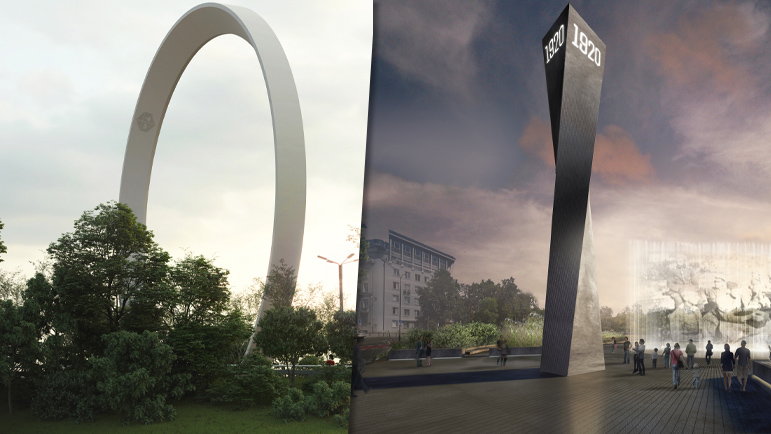 Warszawski łuk triumfalny (fot. M.O.C. Architekci) oraz zwycięska koncepcja pomnika (fot. Nizio Design International)
