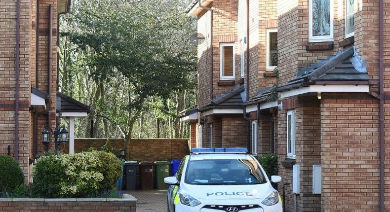 A police car parked outside a house in an estate in West Didsbury, a suburb of Manchester, north-west England, connected to Westminster terrorist Khalid Masood which was raided overnight by anti-terror police on March 24, 2017