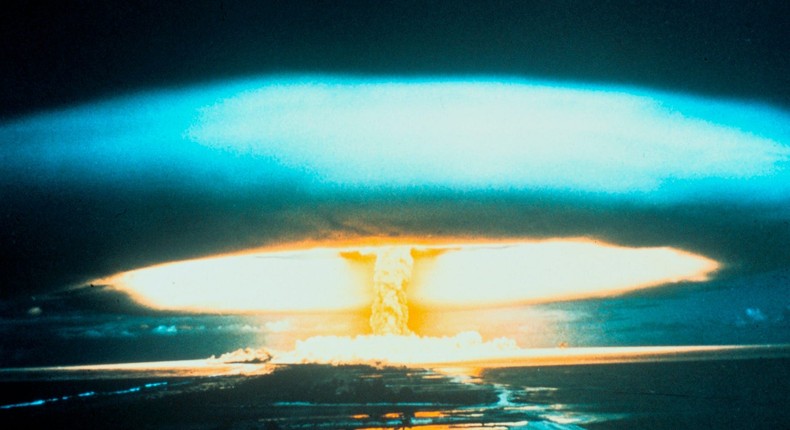 A 150-megaton thermonuclear explosion at Bikini Atoll on March 1, 1954.
