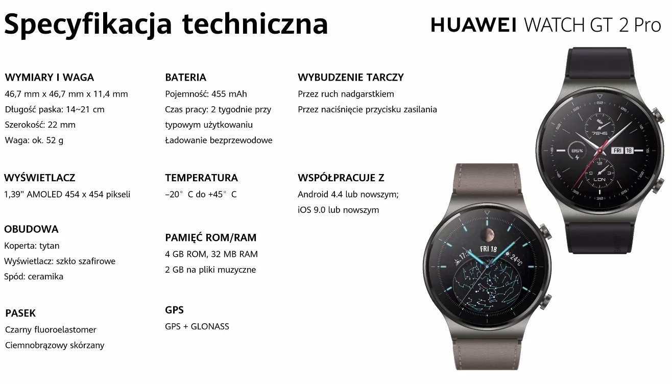 Specyfikacja Huawei Watch GT2 Pro (kliknij, aby powiększyć)