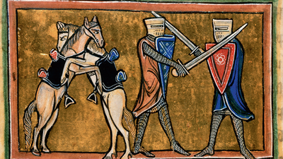 Walka rycerzy i koni, iluminacja z BESTIARIUSZA, początek XIII w. Biblioteka Brytyjska w Londynie