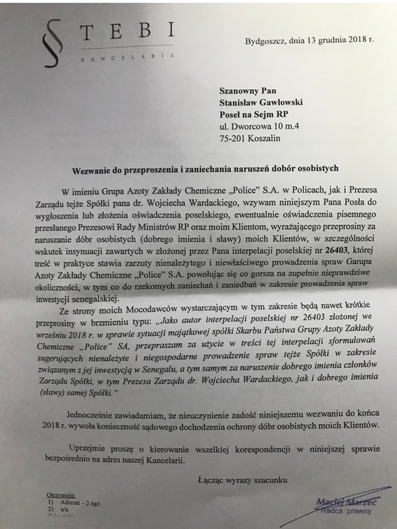 Pismo pełnomocników Wojciecha Wardackiego do posła PO Stanisława Gawłowskiego