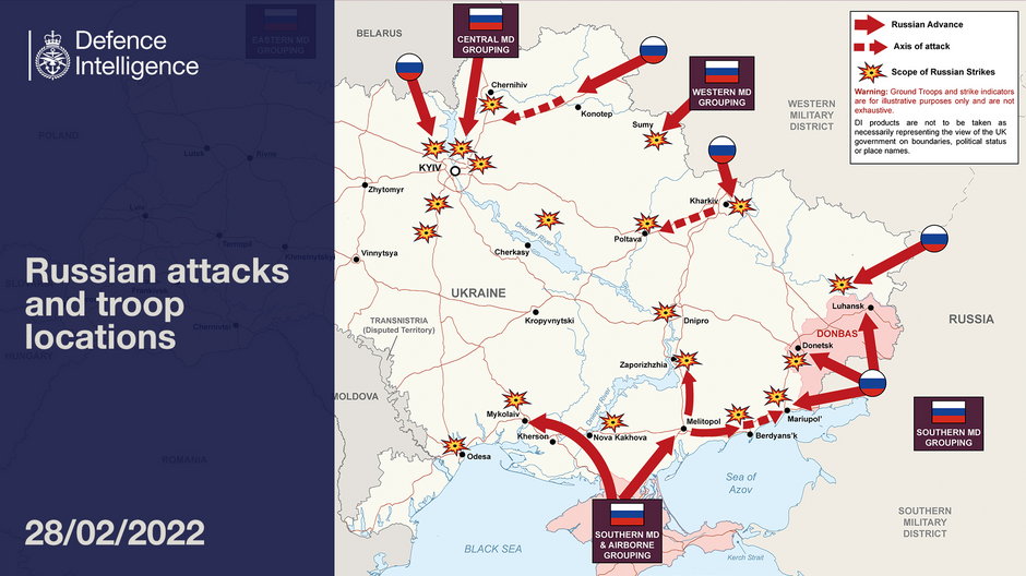 Opracowana na podstawie danych brytyjskiego wywiadu mapa z kierunkami rosyjskich ataków terytorium Ukrainy według stanu na 28 lutego 2022 r.