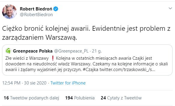 Wpis Roberta Biedronia na Twitterze