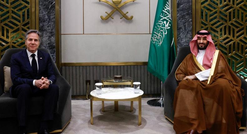 Saudi Arabia's Crown Prince Mohammed bin Salman meets with US Secretary of State Antony Blinken in Jeddah in March 2024.EVELYN HOCKSTEIN via Getty Images