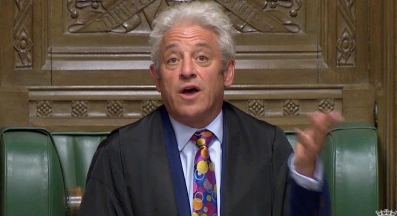 FILE PHOTO: Speaker John Bercow speaks after Britains parliament voted on whether to hold an early general election, in Parliament in London, Britain, September 10, 2019, in this still image taken from Parliament TV footage. Parliament TV via REUTERS/File Photo