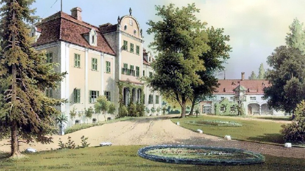 Stary barokowy pałac w Dębicach na XIX-wiecznej litografii i wiata z pustaków, którą zbudowano po jego likwidacji