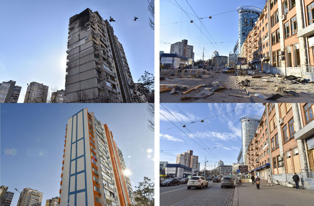 PO LEWEJ: Zdjęcie złożone pokazuje blok mieszkalny w Kijowie, który został uszkodzony przez rosyjską rakietę 17 marca 2022 r., oraz ten sam, całkowicie odnowiony blok mieszkalny 10 lutego 2023 r. Fot. EPA/OLEG PETRASYK PO PRAWEJ: Zdjęcia przedstawiają ulicę Sichovyh Striltsiv w Kijowie. pokrytą gruzem po tym, jak obszar ten został trafiony przez rosyjską rakietę 18 marca 2022 r. i tę samą ulicę 10 lutego 2023 r. Fot. EPA/OLEG PETRASYK
