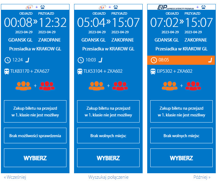 Dostępność biletów na pociągi na trasie Gdańsk-Zakopane na 29 kwietnia.