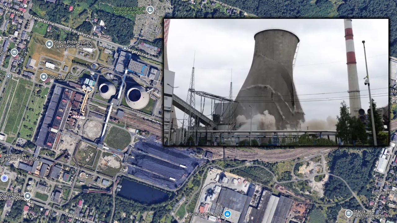 Planowana eksplozja w Będzinie. Upadł wielki komin elektrowni [WIDEO]
