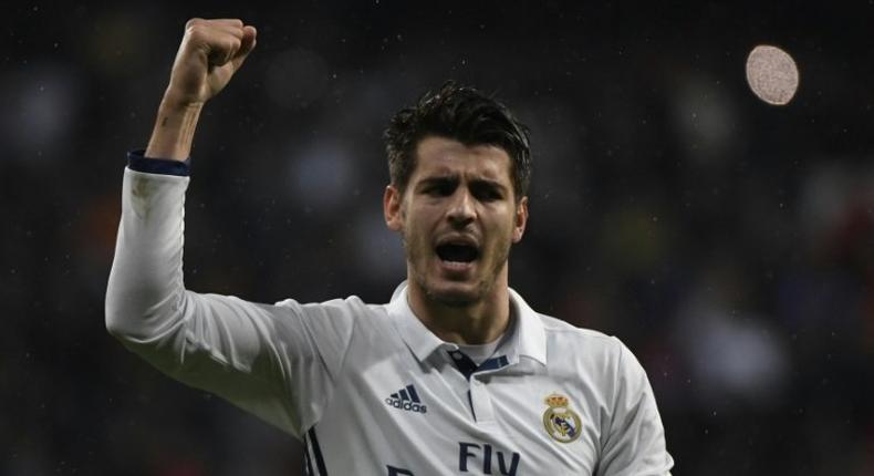 Real Madrid's forward Alvaro Morata celebrates a goal on October 23, 2016