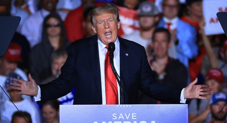 Former President Donald Trump addresses supporters during a Save America rally at York Family Farms on August 21, 2021 in Cullman, Alabama.
