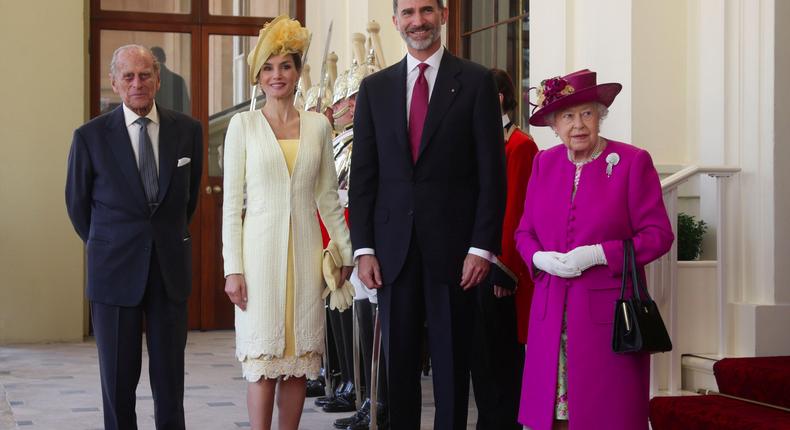 Queen Elizbaeth II and Prince Philip met with King Felipe VI of Spain and his wife Queen Letizia. They posed for a photograph on Horse Guards Parade in central London.