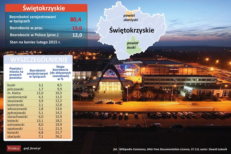 Z bezrobociem na poziomie 15 proc. województwo świętokrzyskie plasuje się w dolnej stawce rankingu regionów. Najniższymi wskaźnikami bezrobocia mogą poszczycić się słynące ze swoich uzdrowisk powiaty: buski (8,5 proc.) i pińczowski (9,9 proc.). <br>W pozostałych powiatach bezrobocie jest już dwucyfrowe. Kielce – największe miasto regionu, zajmuje trzecie miejsce w województwie. Stopa bezrobocia wynosi tu 10,3 proc. Filarem gospodarki województwa świętokrzyskiego jest przemysł materiałów budowlanych – złoża kamienia gipsowego należą do największych w Europie. Prężnie działa tu też przemysł hutniczy (Huta Ostrowiec, należąca do hiszpańskiej grupy Celsa) i metalowy (zakłady Mesko w Skarżysku-Kamiennej, należące do Polskiego Holdingu Obronnego. W regionie funkcjonuje też Specjalna Strefa Ekonomiczna “Starachowice” i EURO-PARK WISŁOSAN. <br>Najwyższą stopę bezrobocia notuje się w powiecie skarżyskim (26,2 proc.). Skarżysko-Kamienna – ważny polski węzeł kolejowy i drogowy, jest jednocześnie jednym z najbardziej zadłużonych miast powiatowych w Polsce.