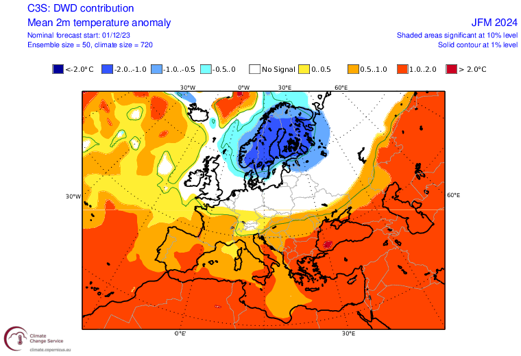 Odchylenie temperatury od normy w pierwszych trzech miesiącach 2024 r.