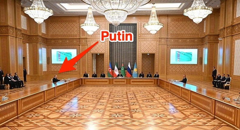 Russian leader Vladimir Putin was spotted in official photos seated at one end of a ridiculously huge table, along with the heads of state of Azerbaijan, Iran, Kazakhstan and Turkmenistan.