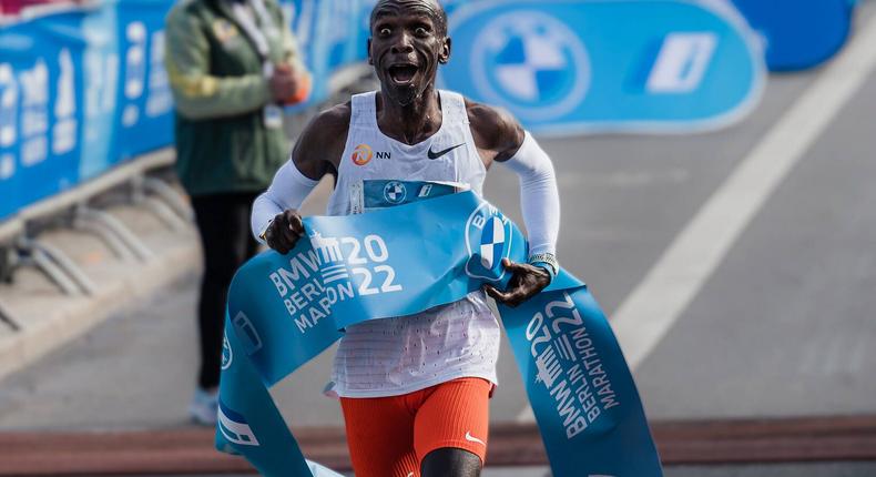 World marathon record holder Eliud Kipchoge celebrates after winning the 2022 Berlin Marathon