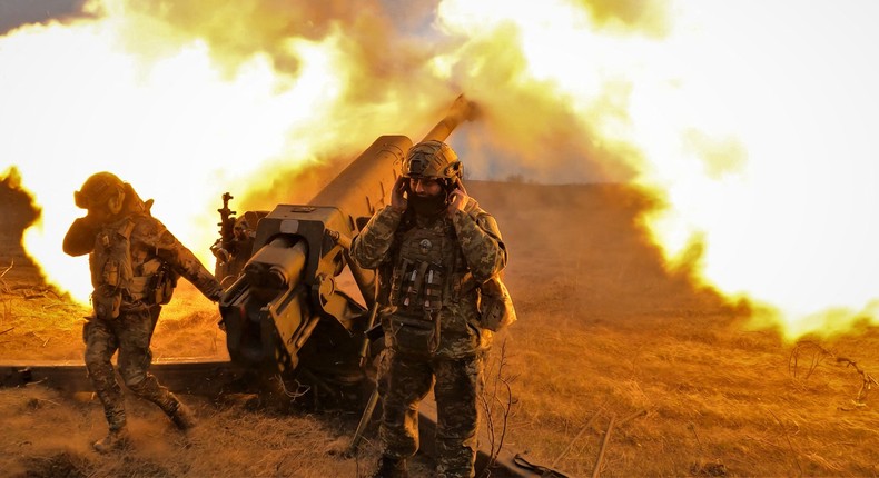 Ukrainian servicemen fire with a D-30 howitzer at Russian positions near Bakhmut, eastern Ukraine, on March 21, 2023.Photo by SERGEY SHESTAK/AFP via Getty Images