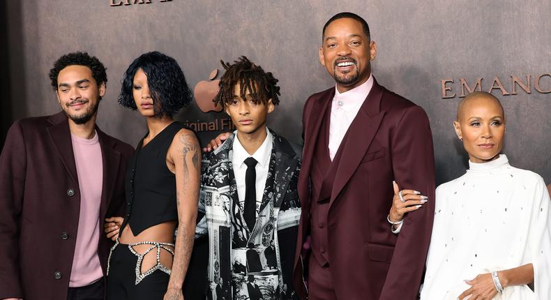 Trey Smith, Willow Smith, Jaden Smith, Will Smith, and Jada Pinkett Smith at the premiere of Apple Original Films' Emancipation on November 30, 2022.Matt Winkelmeyer/Getty Images