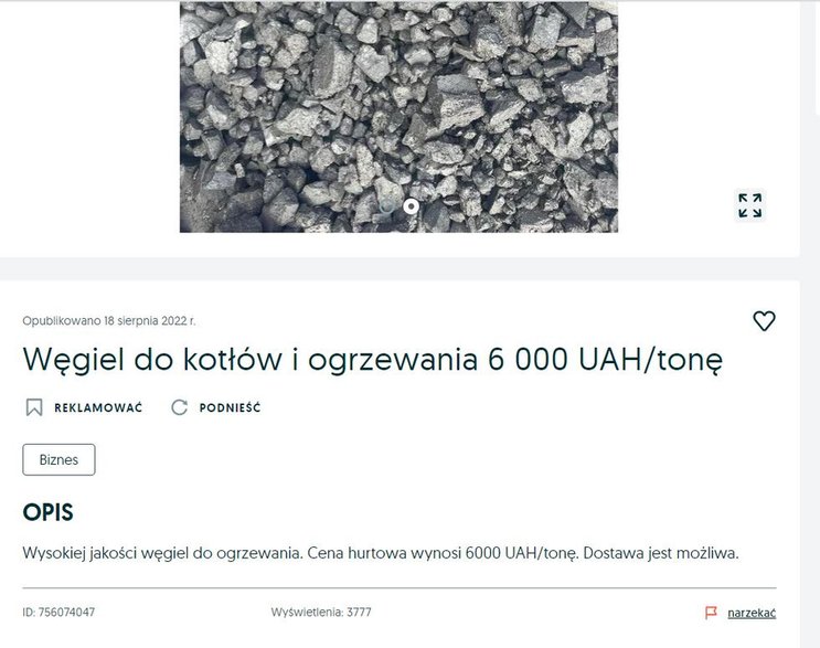 Oferty sprzedaży węgla z ukraińskiego OLX-a.