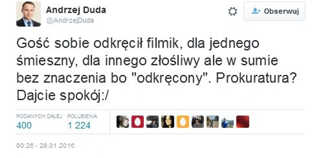 "Prokuratura? Dajcie spokój". Prezydent stanął w obronie internauty, który z niego zażartował