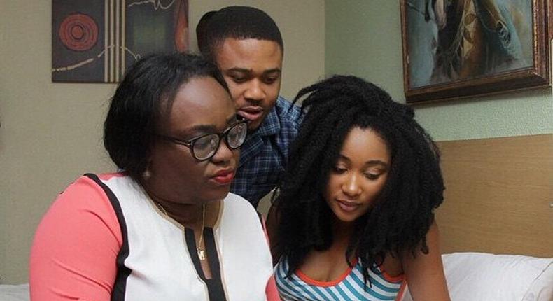 Emem Isong, Mbong Amata, Mike Godson on set of TV series 