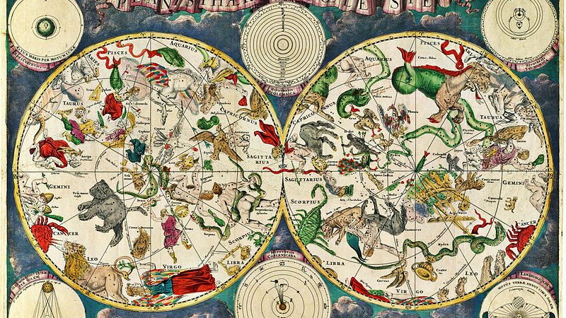 Mapa nieba z XVII wieku autorstwa kartografa Frederika de Wita. Widać wyraźnie, że główną rolę wciąż odgrywają znaki zodiaku oraz personifikacje gwiazdozbiorów - domena publiczna