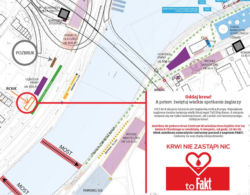 Autobus do poboru krwi Centrum Krwiodawstwa w Szczecinie będzie stać w niedzielę, 6 sierpnia, od godz. 12 do 16 przy Bulwarze Piastowskim (vis a vis wyścigu drezyn). Obok autobusu zauważycie parasol z napisem FAKT