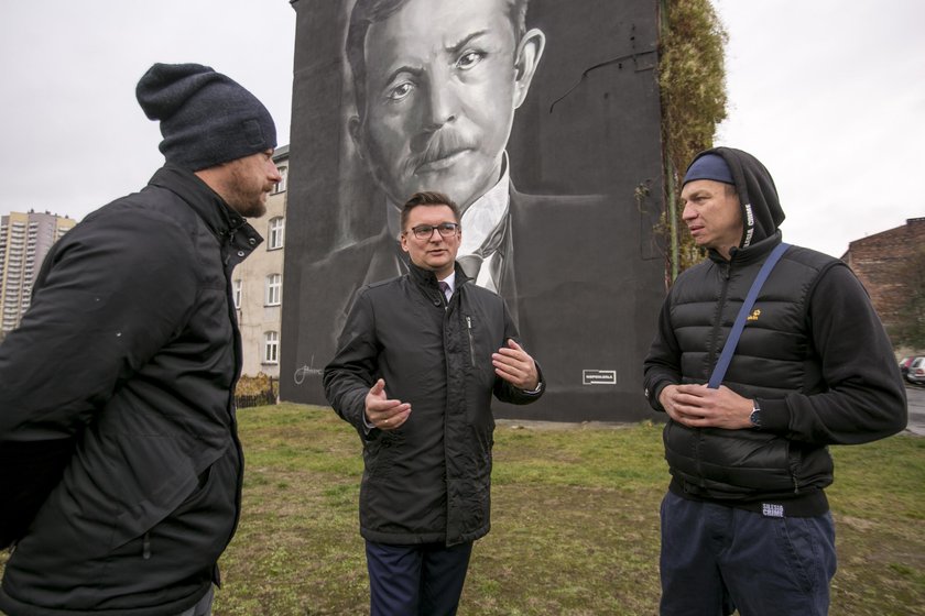 Katowice. Portret Wojciecha Korfantego na ścianie kamienicy przy ul. Reja 6