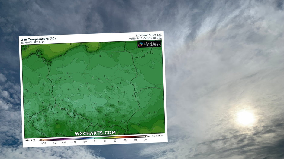 Przed nami ciepły, ale nie wszędzie słoneczny czwartek (mapa: wxcharts.com)