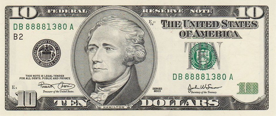 Alexander Hamilton na awersie banknotu dziesięciodolarowego, domena publiczna