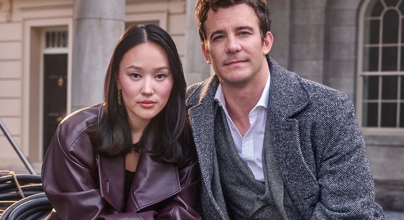 Yerin Ha and Luke Thompson photographed on the backlot of season four of Bridgerton.Gavin Bond/Netflix