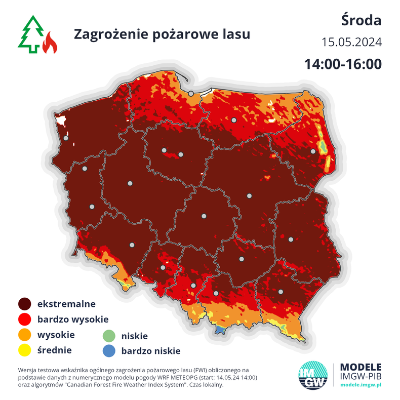 Zagrożenie pożarowe w lasach określane jest jako ekstremalne