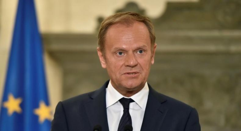 European Council's President Donald Tusk addresses media after talks with the Greek prime minister in Athens on April 5, 2017