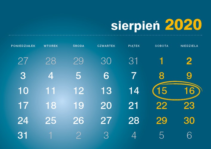 Kolejna szansa na długi weekend to sierpień. Niestety w 2020 roku 15 sierpnia, czyli Święto Wniebowzięcia Najświętszej Marii Panny przypada w niedzielę. Za ten dzień należy nam się dodatkowy dzień urlopu