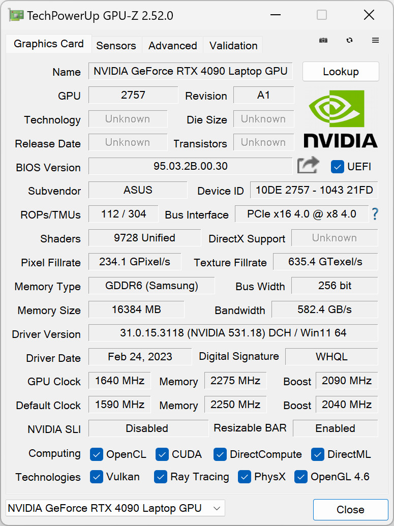 Asus ROG Strix SCAR 18 (G834JY) – GPU-Z – specyfikacja układu Nvidia GeForce RTX 4090 Laptop GPU [175W]